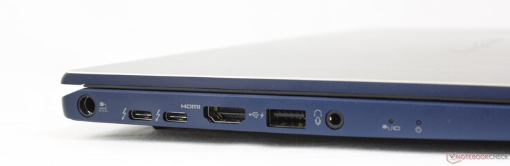 Left: AC adapter port, 2x USB-C w/ Thunderbolt 4 + DisplayPort + Power Delivery, HDMI 2.0, USB-A 3.2, 3.5 mm headset