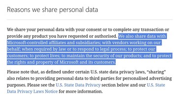Microsoft's privacy statement page is rather vague about what the company shares with whom and why. (Image source: Microsoft)