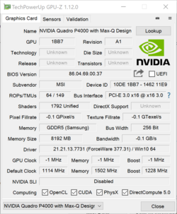 GPU-Z: Quadro P4000 with Max-Q Design