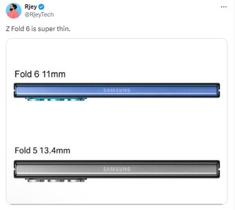 At just 11 mm thin, the upcoming Z Fold 6 is rumored to be the thinnest Galaxy Z Fold so far. (Source: Rjey via Twitter)