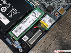 A close-up of the SSD and Wi-Fi card in our review unit