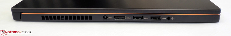 Left side: Power, HDMI 2.0, 2x USB 3.0 (1x with charge), 3.5 mm stereo jack