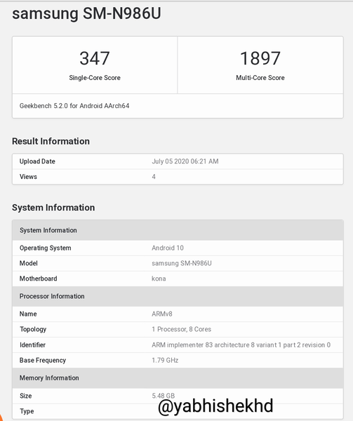 This most certainly is not the Galaxy Note 20 Ultra. (Image source: Geekbench via @yabhishhekhd)