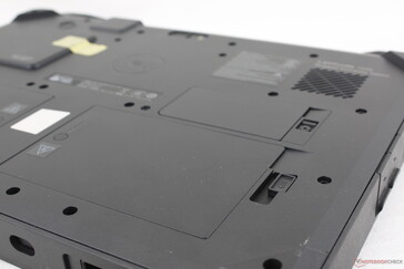Easy-to-access compartments for two batteries and the primary SSD on the back of the unit