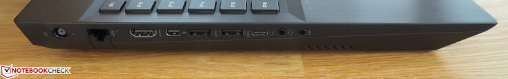Left: DC-in, RJ45-LAN, HDMI, Mini-DisplayPort, 2x USB 3.0, Thunderbolt 3, audio jack out, audio jack in