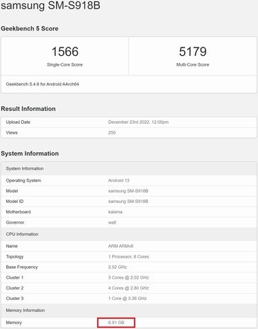 S23 Ultra with 8 GB RAM. (Image source: Geekbench)