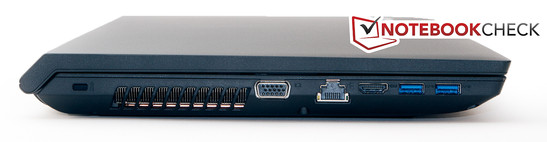 Left side: Kensington Lock, VGA, LAN, HDMI, 2x USB 3.0