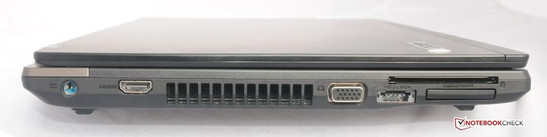Left: Power socket, HDMI, VGA, USB/eSATA, ExpressCard, SmartCard reader