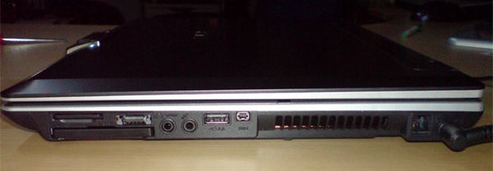 Right Side: CardReader, ExpressCard-Slot, USB/eSATA-ComboPort, S/PDIF Line Out, Microphone, USB, FireWire, Modem Asus V1S - right side