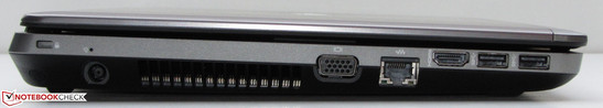 Left: Kensington lock slot, power socket, VGA out, Gigabit Ethernet socket, HDMI, 2x USB 3.0