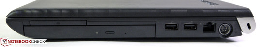 Right side: ExpressCard, optical drive, 2 x USB 2.0, LAN, AC power, Kensington