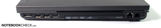 Right: USB / eSATA, two USB 3.0 ports, USB 2.0, Blu-Ray drive, LAN, modem Right: USB / eSATA, two USB 3.0 ports, USB 2.0, Blu-Ray drive, LAN, modem