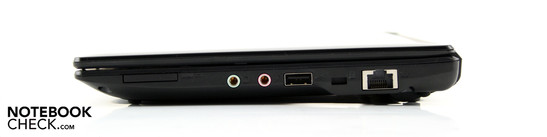 Right: card reader, headphones, microphone, USB 2.0, Kensington, Ethernet