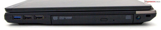 Right side: USB 3.0, 2x USB 2.0, DVD, power, Kensington Lock Right side: USB 3.0, 2x USB 2.0, DVD, power, Kensington Lock