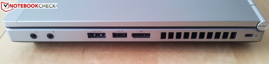 Right side: 2 x Audio, eSATA/USB-combined, USB 2.0, DisplayPort, Kensington