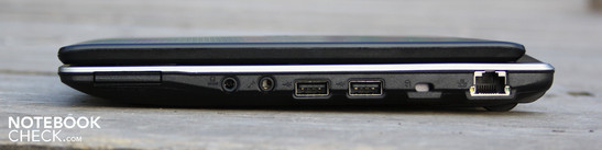 Right: Cardreader, line-out/SPDIF, microphone, 2 USB 2.0, Kensington, Ethernet RJ45
