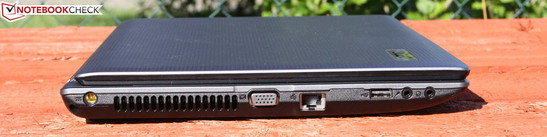 Left Side: power jack , VGA, ethernet, USB 2.0, microphone, headphone