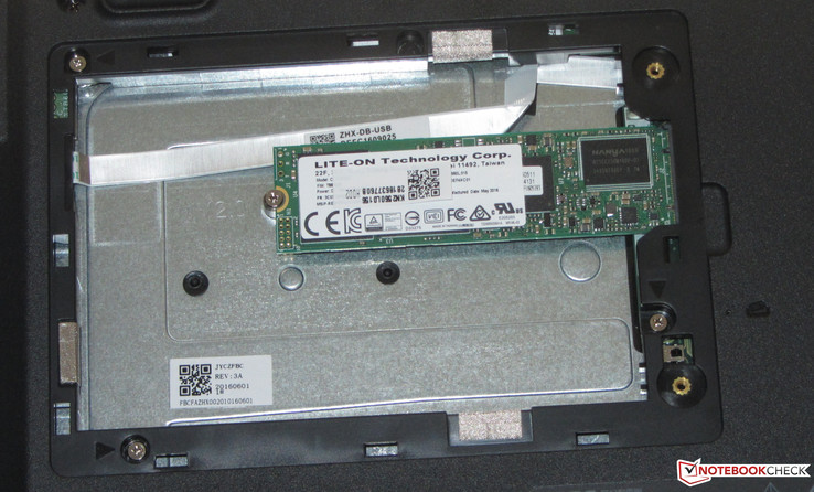 An M.2 SSD is inside the TravelMate. A 2.5-inch hard drive cannot be retrofitted. A SATA slot is absent.