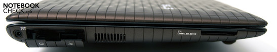 Left: 1x USB, mini display port, 2-in-1 cardreader (SD (SDHC), MMC)