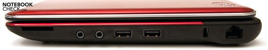 Right Side: 2 USB, audio ports (headphone jack, microphone input), Kensington Lock, 4-in-1 card reader, RJ-45 Right Side: 2 USB, audio ports (headphone jack, microphone input), Kensington Lock, 4-in-1 card reader, RJ-45