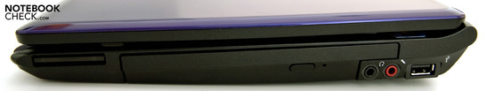 Right: 1 USB 2.0, Audio connections (Headphone-out, Microphone-in), DVD-Drive, Express Card 34 Slot Right: 1 USB 2.0, Audio connections (Headphone-out, Microphone-in), DVD-Drive, Express Card 34 Slot