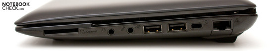 Right: Cardreader, audio, 2 USB 2.0, Kensington, RJ-45 Right: Cardreader, audio, 2 USB 2.0, Kensington, RJ-45