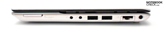 Right: Cardreader, audio, 2 USB 2.0, RJ-45, DC-in