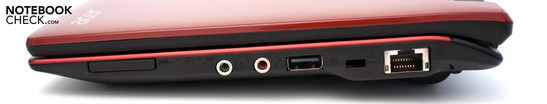 Right: Cardreader, audio sockets, USB 2.0, Kensington Lock, RJ-45 Right: Cardreader, audio sockets, USB 2.0, Kensington Lock, RJ-45