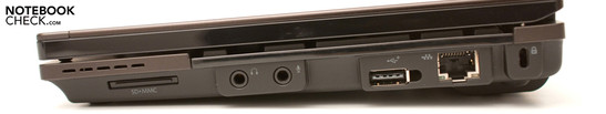 Right: Cardreader, audio, USB 2.0, RJ45, Kensington lock