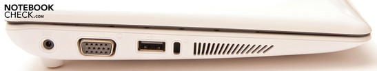 Left: power socket, VGA, USB, Kensington lock