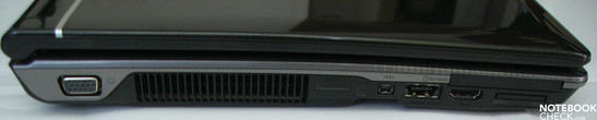 Left Side: VGA, fan, Firewire, USB 2.0/HDMI, eSATA, card reader