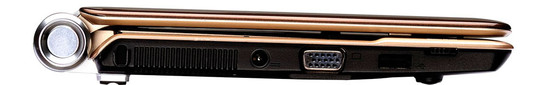 Left: Kensington lock, louver, DC-in, analog VGA-out, USB, WLAN switch