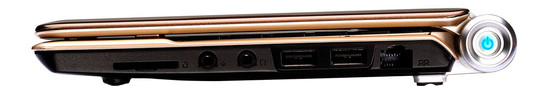 Right: 2-in-1 cardreader, mic, headphone, 2 USBs, LAN, power button