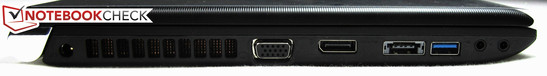 Left side: Power, VGA, DisplayPort, SATA/USB 2.0 port, USB 3.0 port, audio ports.
