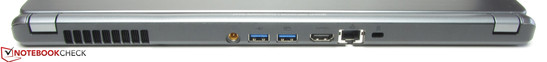 Back side: Charger Plug, 2x USB 3.0, HDMI, Gigabit-Ethernet, Port for a Kensington lock