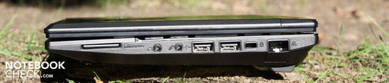 Right: Cardreader, SD/MMC/SDHC, headphone, microphone, 2 USB 2.0s, Kensington, Ethernet Right: Cardreader, SD/MMC/SDHC, headphone, microphone, 2 USB 2.0s, Kensington, Ethernet