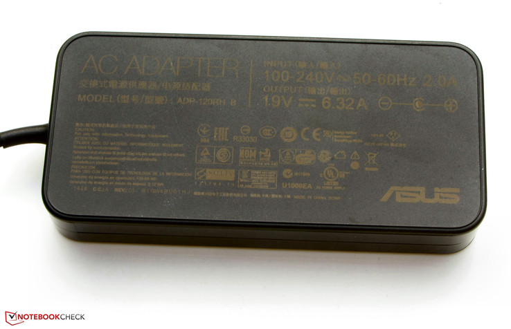 The power adapter has a nominal output of 120 watts.