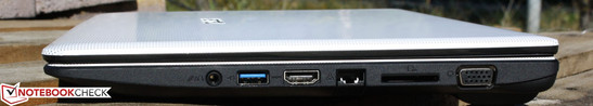 Right side: combined audio, USB 3.0, HDMI, RJ45, card reader, VGA