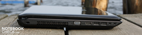 Left: Kensington, VGA, HDMI, 2 x USB, Mic, Audio