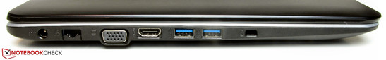 Left: power socket, Ethernet port, VGA-out, HDMI, 2x USB 3.0, Kensington lock slot
