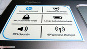 HP touts the many extras with stickers.