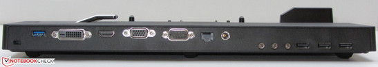 Rear: Kensington lock slot, USB 3.0, DVI, HDMI, VGA, serial interface, network, power socket, 3x audio, 3x USB 2.0