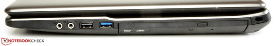 Right: Microphone-in, headphone-out, USB 2.0, USB 3.0, DVD burner, Kensington lock slot