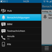 The BlackBerry Hub compiles all kinds of information in the message app. It is opened by swiping toward the right on the home screen.