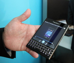 BlackBerry Passport smartphone with square display and physical QWERTY keyboard