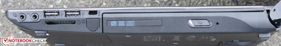 Right: DVD burner, Kensington lock slot, 2x USB 2.0, memory card reader, microphone in, headphone out Right: DVD burner, Kensington lock slot, 2x USB 2.0, memory card reader, microphone in, headphone out