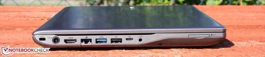 Left side: Kensington lock, power connector, HDMI, Gigabit LAN, USB 3.0, USB 2.0, VGA (via adapter), headphone / mic combo, card reader Left side: Kensington lock, power connector, HDMI, Gigabit LAN, USB 3.0, USB 2.0, VGA (via adapter), headphone / mic combo, card reader