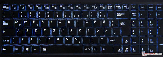 The keyboard features a strong, blue light.