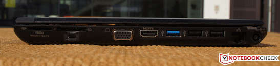 Right: Memory Stick reader, SD card reader, Kensington lock, VGA, HDMI, USB 3.0, 2 x USB 2.0, RJ45, AC