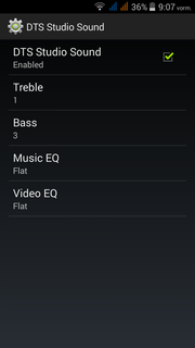 The DTS menu enables adapting the sound according to personal preferences.